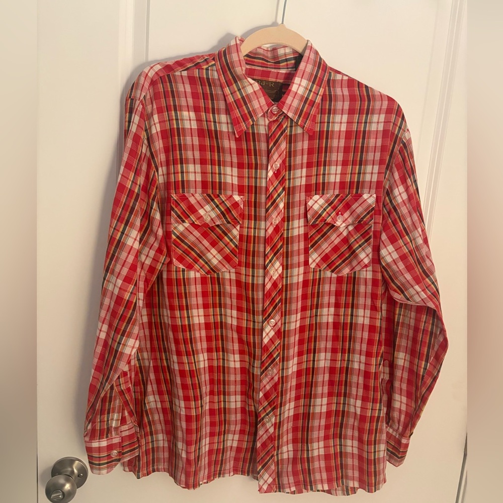Reds men’s vintage retro western dress shirt red plaid thin cotton size L by BJR